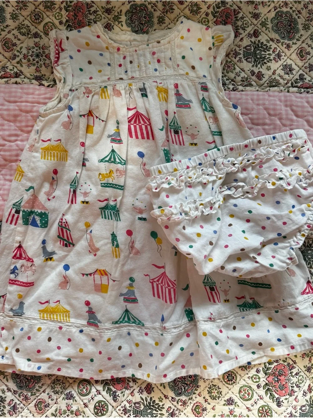 Baby Boden White Dress with Multicolor Circus Print and Bloomers